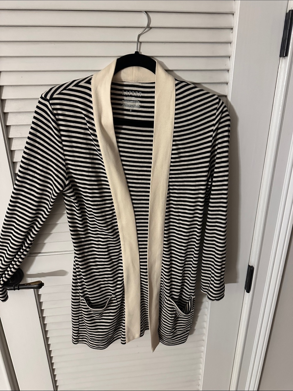 Ralph Lauren Black & White Striped Open-Front Cardigan with Cream Shawl Trim